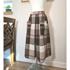Vintage Plaid Wool Blend Midi Skirt Fringe Pockets Whimsigoth Academia Small S